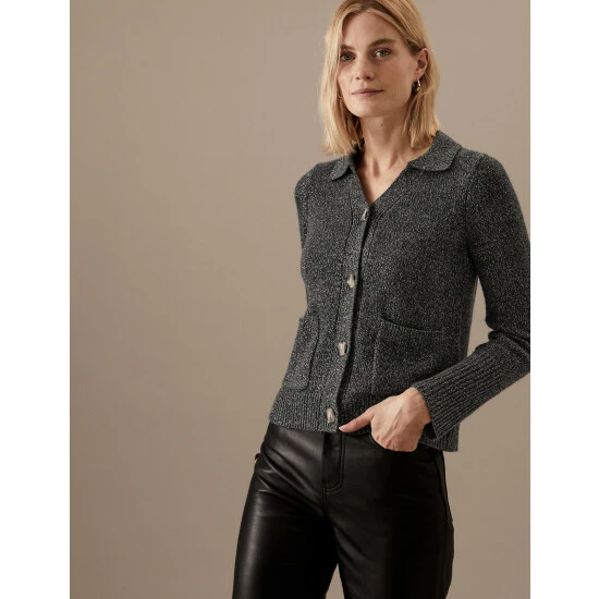 Autograph Sparkly Collared Cardigan With Cashmere Women Charcoal 2 Autograph Sparkly Collared Cardigan With Cashmere Women Charcoal - Image 2