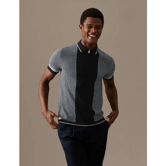 Autograph Cotton Modal Neck Knitted Polo Shirt Men Black Mix 3 Autograph Cotton Modal Neck Knitted Polo Shirt Men Black Mix - Image 3