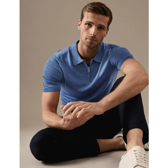 Autograph Pure Merino Wool Short Sleeve Polo Shirt Men Denim 7 Autograph Pure Merino Wool Short Sleeve Polo Shirt Men Denim - Image 7