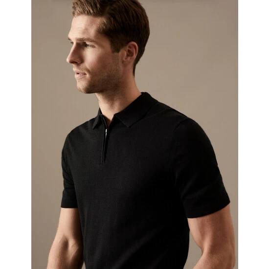 Autograph Pure Merino Wool Short Sleeve Polo Shirt Men Denim 8 Autograph Pure Merino Wool Short Sleeve Polo Shirt Men Denim - Image 8