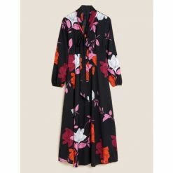 Autograph Floral Scarf Neck Midaxi Waisted Dress Women Black Mix