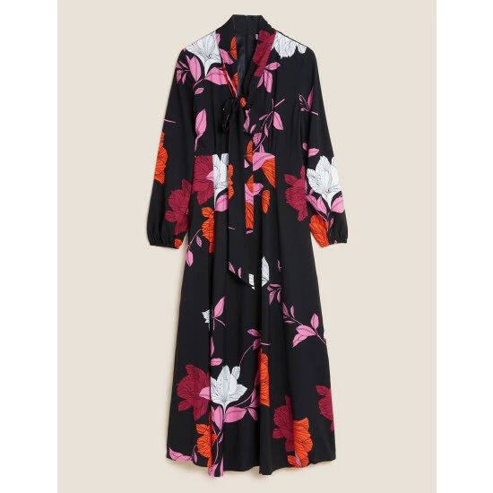 Autograph Floral Scarf Neck Midaxi Waisted Dress Women Black Mix 1 Autograph Floral Scarf Neck Midaxi Waisted Dress Women Black Mix