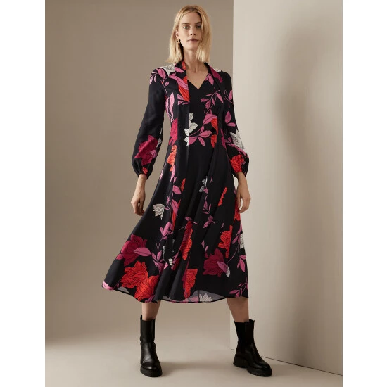 Autograph Floral Scarf Neck Midaxi Waisted Dress Women Black Mix 4 Autograph Floral Scarf Neck Midaxi Waisted Dress Women Black Mix - Image 4