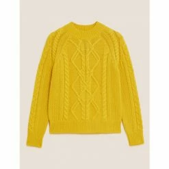 Autograph Wool Rich Cable Knit Crew Neck Jumper Women Bright Gold
