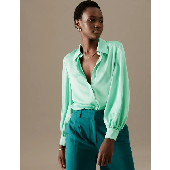 Autograph Satin Collared Blouson Sleeve Shirt Women Spearmint 9 Autograph Satin Collared Blouson Sleeve Shirt Women Spearmint - Image 9