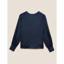 Autograph Pure Silk Round Neck Blouson Sleeve Blouse Women Dark Navy