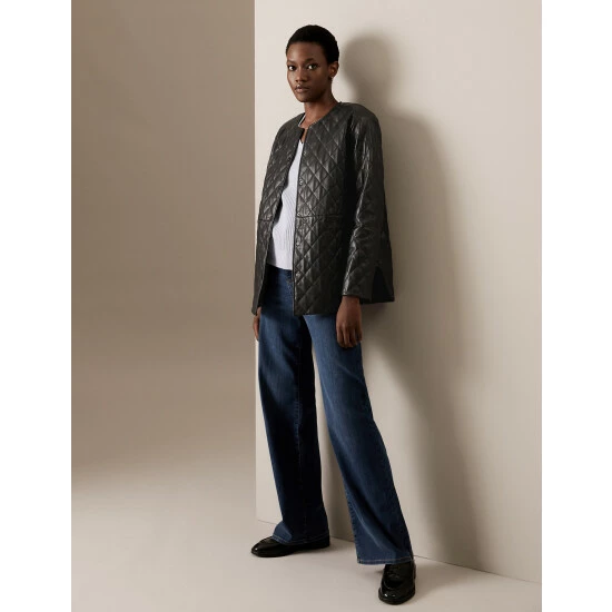 Autograph Leather Quilted Collarless Bomber Jacket Women Black 2 Autograph Leather Quilted Collarless Bomber Jacket Women Black - Image 2