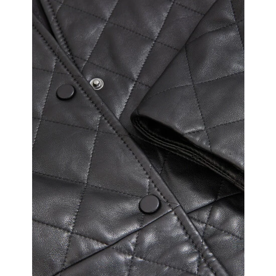 Autograph Leather Quilted Collarless Bomber Jacket Women Black 6 Autograph Leather Quilted Collarless Bomber Jacket Women Black - Image 6