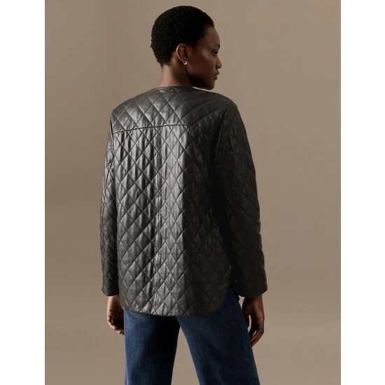 Autograph Leather Quilted Collarless Bomber Jacket Women Black 8 Autograph Leather Quilted Collarless Bomber Jacket Women Black - Image 8