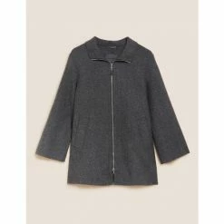 Autograph Wool Blend Herringbone Funnel Neck Coat Women Dark Grey