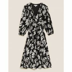 Autograph Jersey Plisse Printed V-Neck Wrap Dress Women Black Mix