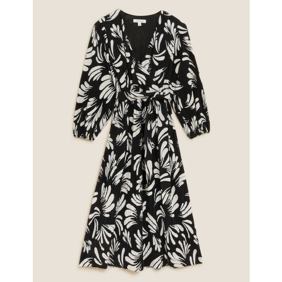 Autograph Jersey Plisse Printed V-Neck Wrap Dress Women Black Mix 1 Autograph Jersey Plisse Printed V-Neck Wrap Dress Women Black Mix