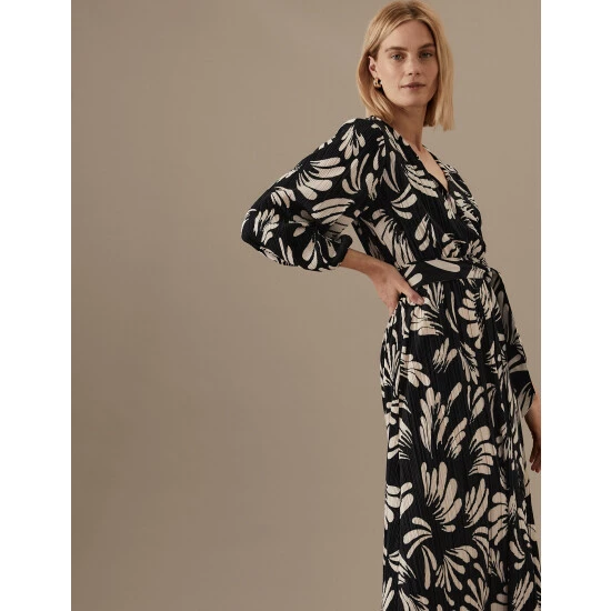 Autograph Jersey Plisse Printed V-Neck Wrap Dress Women Black Mix 3 Autograph Jersey Plisse Printed V-Neck Wrap Dress Women Black Mix - Image 3