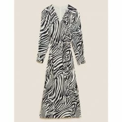 Autograph Animal Print V-Neck Midaxi Waisted Dress Women Black Mix