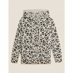 Autograph Pure Cashmere Animal Print Relaxed Hoodie Women Oatmeal Mix