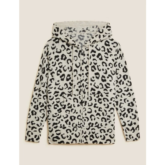 Autograph Pure Cashmere Animal Print Relaxed Hoodie Women Oatmeal Mix 1 Autograph Pure Cashmere Animal Print Relaxed Hoodie Women Oatmeal Mix