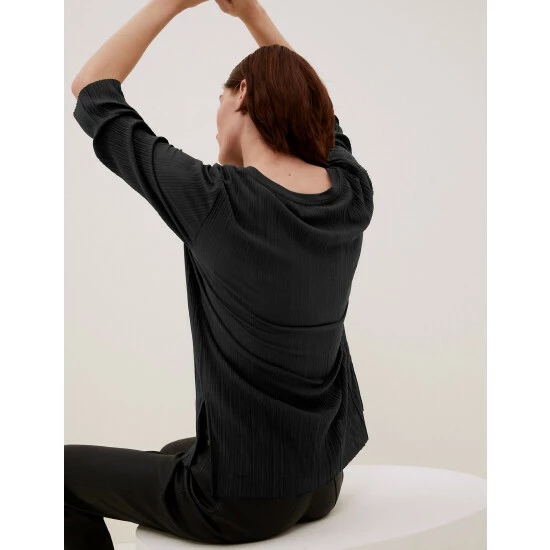 Autograph Jersey Plisse 3/4 Sleeve Blouse Women Black 4 Autograph Jersey Plisse 3/4 Sleeve Blouse Women Black - Image 4