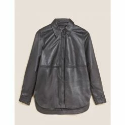 Autograph Leather Collared Long Sleeve Shirt Women Black