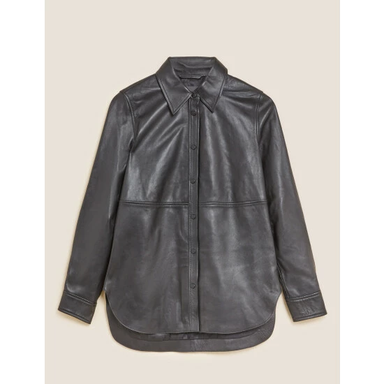 Autograph Leather Collared Long Sleeve Shirt Women Black 1 Autograph Leather Collared Long Sleeve Shirt Women Black