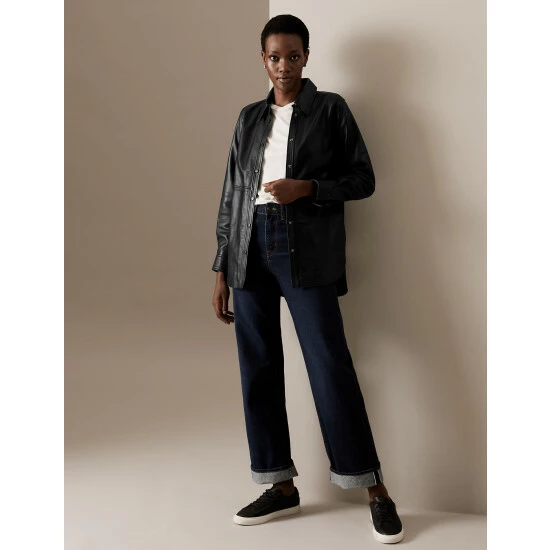 Autograph Leather Collared Long Sleeve Shirt Women Black 2 Autograph Leather Collared Long Sleeve Shirt Women Black - Image 2