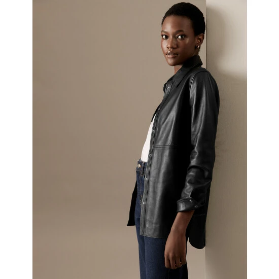 Autograph Leather Collared Long Sleeve Shirt Women Black 7 Autograph Leather Collared Long Sleeve Shirt Women Black - Image 7