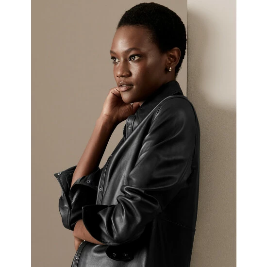 Autograph Leather Collared Long Sleeve Shirt Women Black 8 Autograph Leather Collared Long Sleeve Shirt Women Black - Image 8