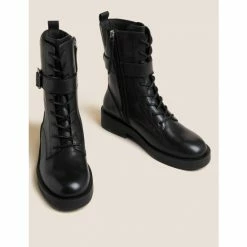 Autograph Leather Chunky Biker Buckle Ankle Boots Women Black
