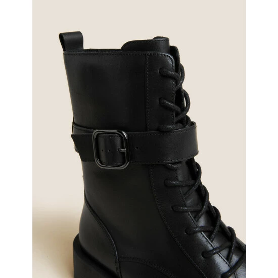Autograph Leather Chunky Biker Buckle Ankle Boots Women Black 2 Autograph Leather Chunky Biker Buckle Ankle Boots Women Black - Image 2