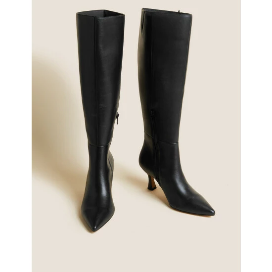 Autograph Leather Kitten Heel Pointed Knee High Boots Women Black 1 Autograph Leather Kitten Heel Pointed Knee High Boots Women Black