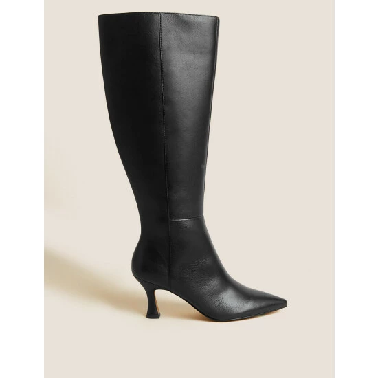 Autograph Leather Kitten Heel Pointed Knee High Boots Women Black 4 Autograph Leather Kitten Heel Pointed Knee High Boots Women Black - Image 4