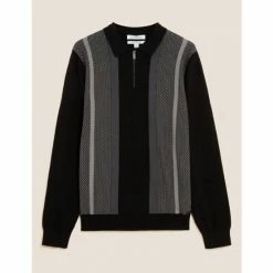 Autograph Premium Cotton Zip Neck Knitted Polo Shirt Men Black