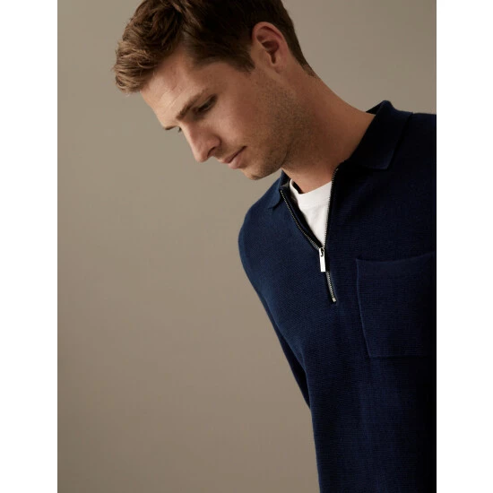 Autograph Premium Cotton Zip Neck Knitted Polo Shirt Men Green 3 Autograph Premium Cotton Zip Neck Knitted Polo Shirt Men Green - Image 3