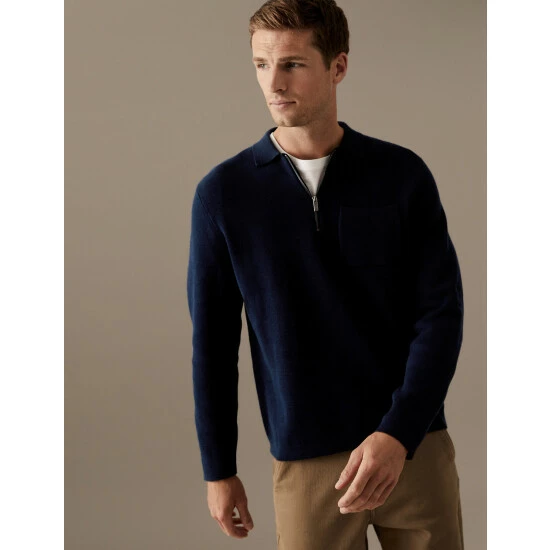 Autograph Premium Cotton Zip Neck Knitted Polo Shirt Men Green 4 Autograph Premium Cotton Zip Neck Knitted Polo Shirt Men Green - Image 4