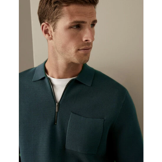Autograph Premium Cotton Zip Neck Knitted Polo Shirt Men Green 7 Autograph Premium Cotton Zip Neck Knitted Polo Shirt Men Green - Image 7
