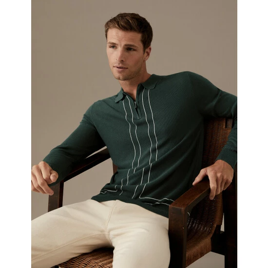 Autograph Zip Neck Knitted Polo Shirt With Silk Men Dark Green 6 Autograph Zip Neck Knitted Polo Shirt With Silk Men Dark Green - Image 6