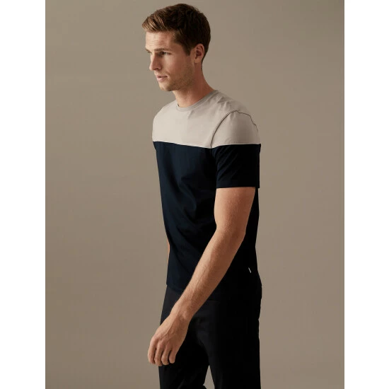 Autograph Premium Cotton Colour Block T-Shirt Men Navy Mix 2 Autograph Premium Cotton Colour Block T-Shirt Men Navy Mix - Image 2