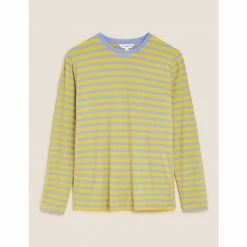 Autograph Jersey Striped Round Neck Long Sleeve Top Women Gold Mix