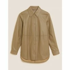 Autograph Leather Collared Long Sleeve Shirt Women Spice