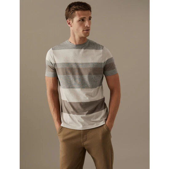 Autograph Slim Fit Cotton Striped T-Shirt Men Medium Blue 3 Autograph Slim Fit Cotton Striped T-Shirt Men Medium Blue - Image 3