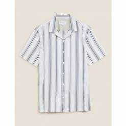 Autograph Pure Cotton Striped Revere Shirt Men Ivory Mix