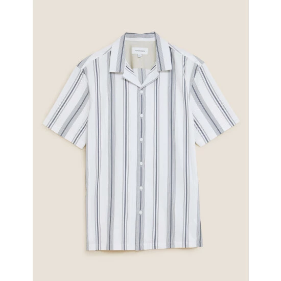 Autograph Pure Cotton Striped Revere Shirt Men Ivory Mix 1 Autograph Pure Cotton Striped Revere Shirt Men Ivory Mix