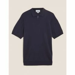 Autograph Silk Cotton Knitted Polo Shirt Men Navy