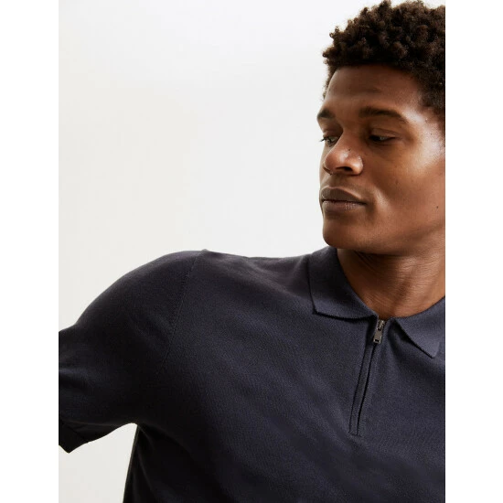 Autograph Silk Cotton Knitted Polo Shirt Men Navy 2 Autograph Silk Cotton Knitted Polo Shirt Men Navy - Image 2