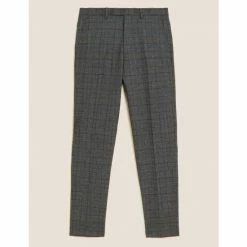 Autograph Tailored Fit Wool Rich Check Trousers Men Grey Mix