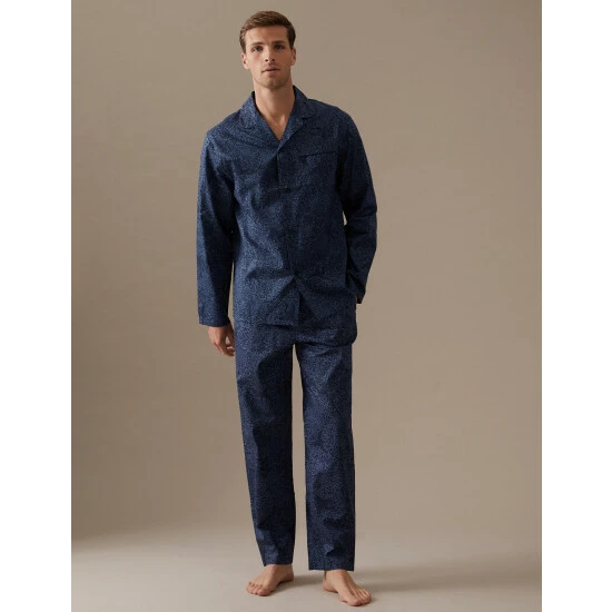 Autograph Cotton Rich Bird Print Pyjama Set Men Blue Mix 6 Autograph Cotton Rich Bird Print Pyjama Set Men Blue Mix - Image 6
