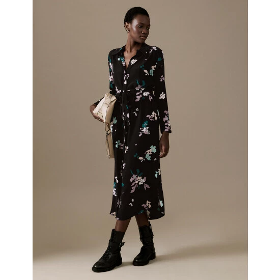 Autograph Cupro Rich Floral Midaxi Shirt Dress Women Black Mix 2 Autograph Cupro Rich Floral Midaxi Shirt Dress Women Black Mix - Image 2
