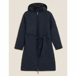 Autograph Quilted Hooded Belted Longline Raincoat Women Navy