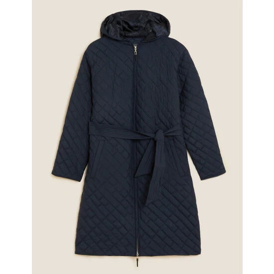 Autograph Quilted Hooded Belted Longline Raincoat Women Navy 1 Autograph Quilted Hooded Belted Longline Raincoat Women Navy