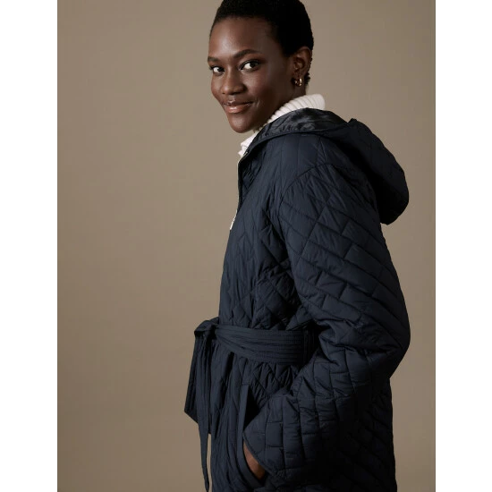 Autograph Quilted Hooded Belted Longline Raincoat Women Navy 4 Autograph Quilted Hooded Belted Longline Raincoat Women Navy - Image 4