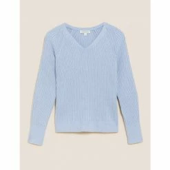 Autograph Cotton Rich Ribbed V-Neck Jumper Women Chambray